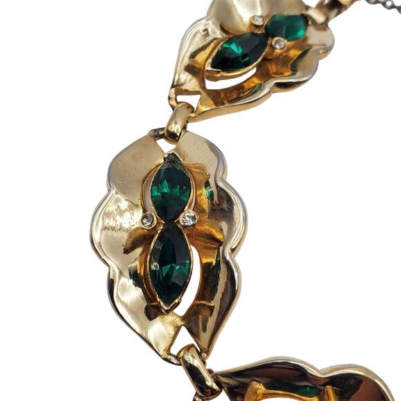Coro Green Rhinestone Bracelet Gold Vermeil Vintage 40s Oval Link 7" L Corocraft - Picture 10 of 12